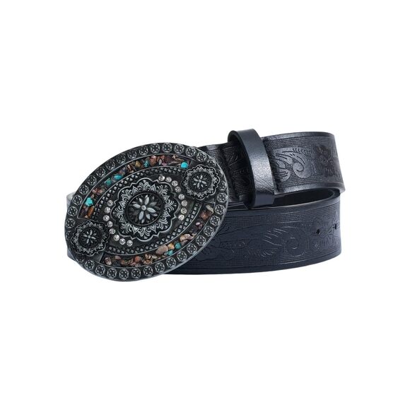 Веаudrm Accessories - 9895 Women's Rhinestone Buckle Belt Floral Embossed Turquoise Leather
